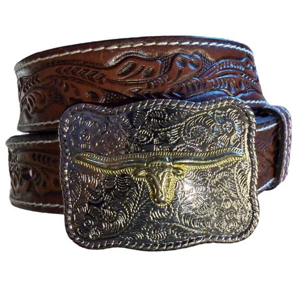 Hand Tooled Brown Leather Western Belt Silver Longhorn Buckle Youth Large 28/30 - Picture 1 of 9